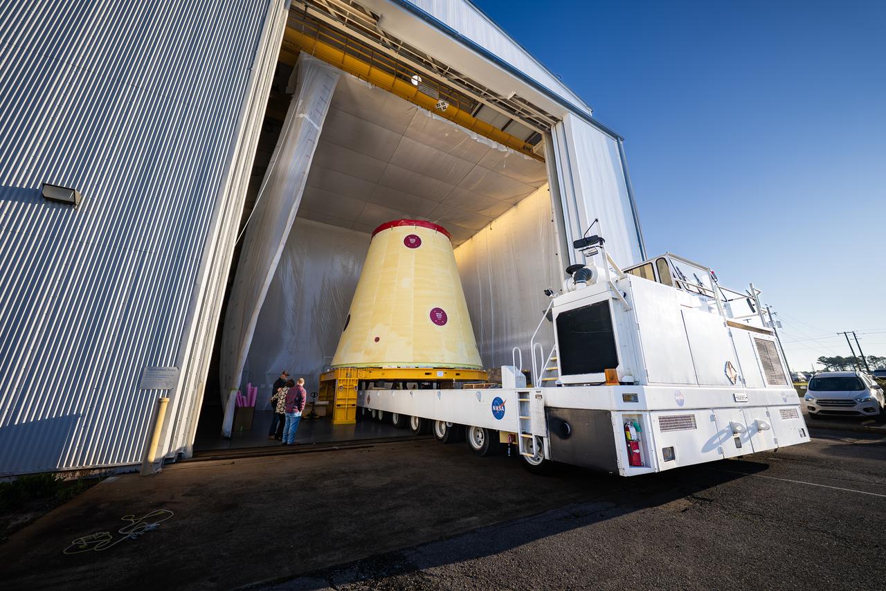 These images and videos show technicians at NASA’s Marshall Space Flight Center in Huntsville, Alabama, March 17, 2025, moving the completed launch vehicle stage adapter for Artemis III from Building 4649 to Building 4708 where it will remain until it is time to ship the hardware to NASA’s Kennedy Space Center in Florida.    The cone-shaped hardware connects the SLS (Space Launch System) rocket to the upper stage, the interim cryogenic propulsion stage, and protects the rocket’s flight computers, avionics, and electrical devices during launch and ascent during the Artemis missions.